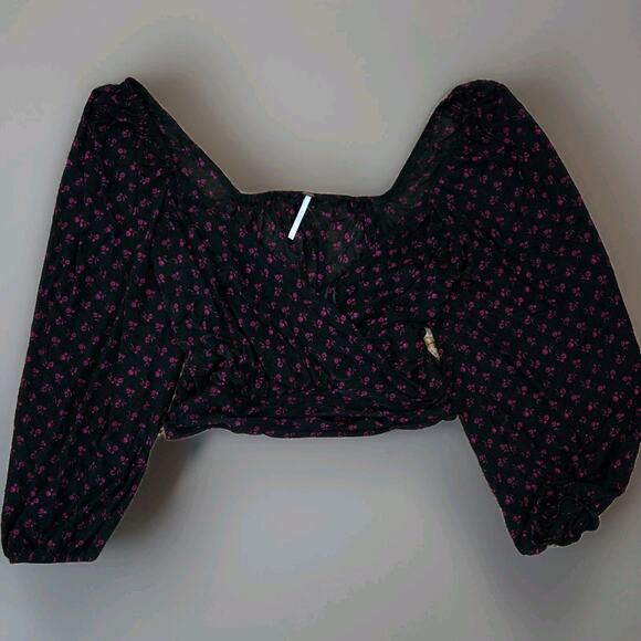 Free People Black Purple Floral Twist Front Blouse Womens M Boho‎ Sheer Sleeve - Picture 1 of 7
